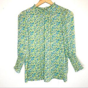 Rachel Zoe Green Blue Chiffon Ruffle Neck Floral Puff Sleeve Blouse